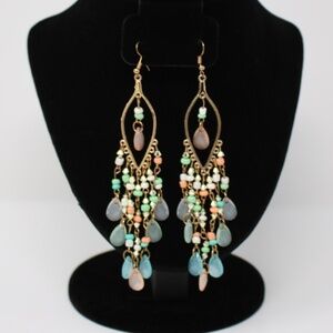 NWT Chandelier Earrings in Pastel Tones and Rose Gold Brass Setting‎ Boho